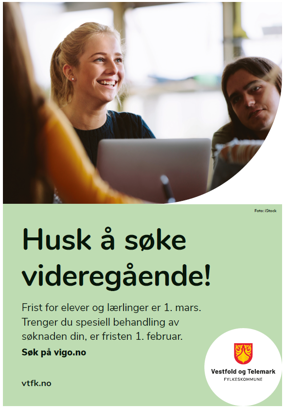 Plakat med teksten Husk å søke videregående!