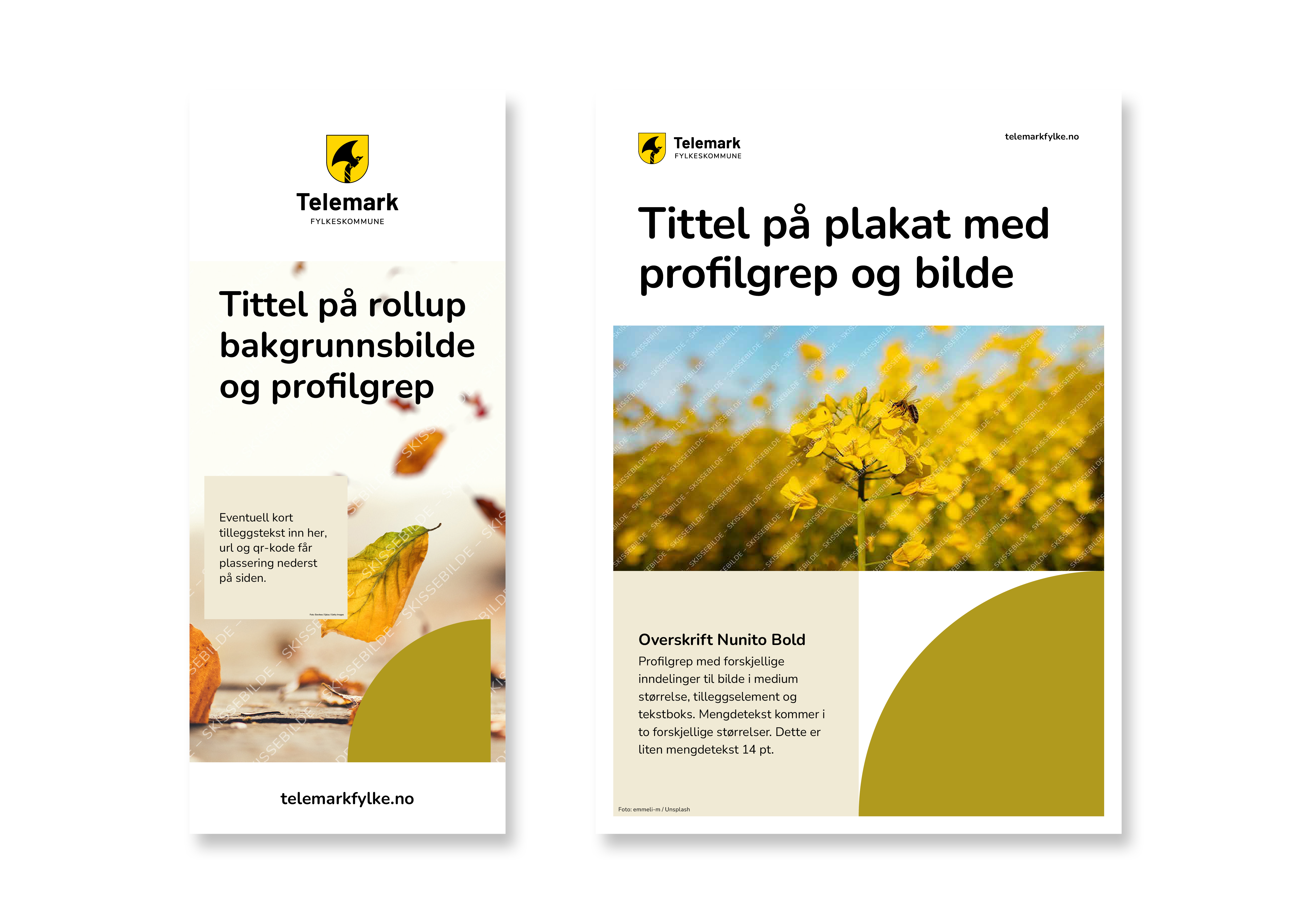 Skisser for oppsett av rollups og plakat i Telemark fylkeskommunes visuelle uttrykk.