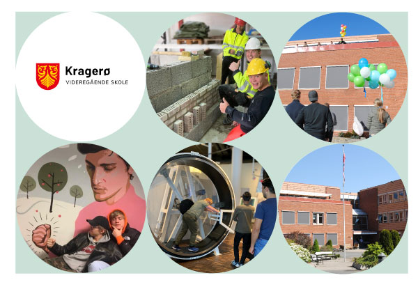 Logo og fem sirkelformede bilder av elever i skolesituasjoner.