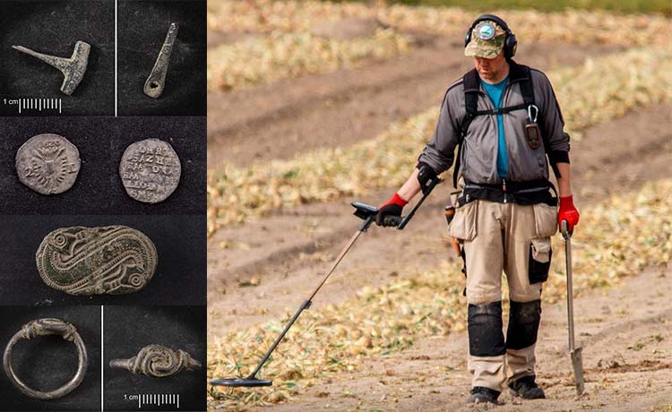 Mann i åker med metalldetektor i hånden og bilder av syv metallfunn på sort bakgrunn.