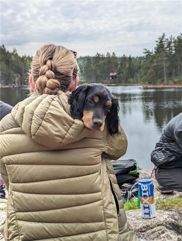 Jente, med liten hund på fanget, kikker ut mot innsjø.