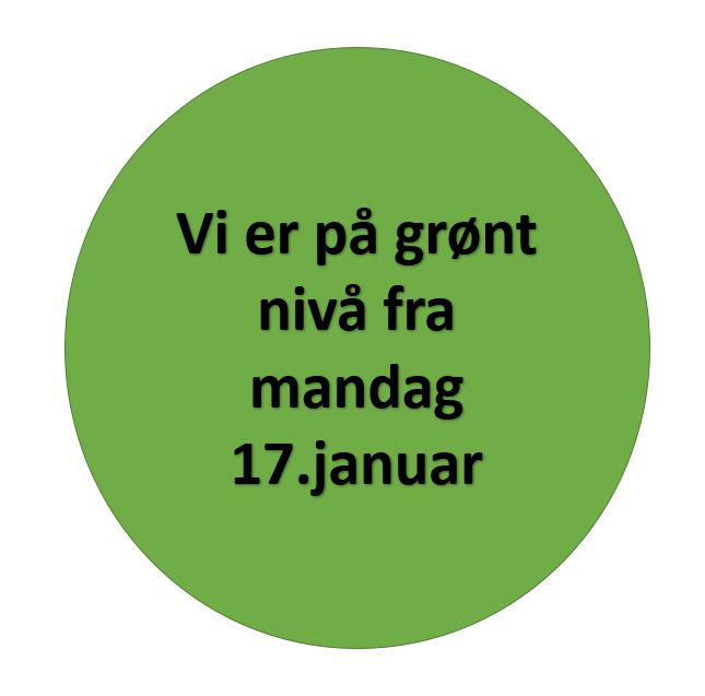 Grønn sirkel med teksten Vi er på grønt nivå fra mandag 17.januar