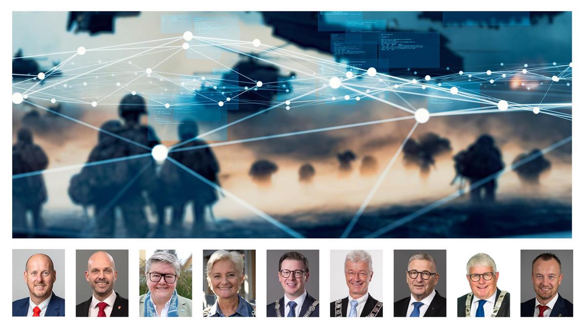Collage med et digitalt nettverkskart lagt over et tåkete bilde av militære soldater i silhuett, kombinert med ni portrettbilder av personer – seks menn og tre kvinner – trolig politikere eller offentlige ledere.