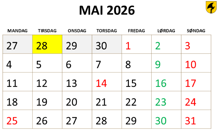Bilde av kalenderen for mai 2026.