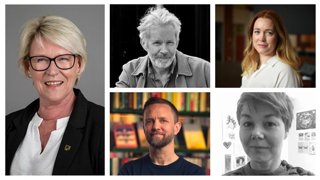 Bildet viser en kolasj av fem personer, de utgjør jury for Telemark litteraturpris 2026.